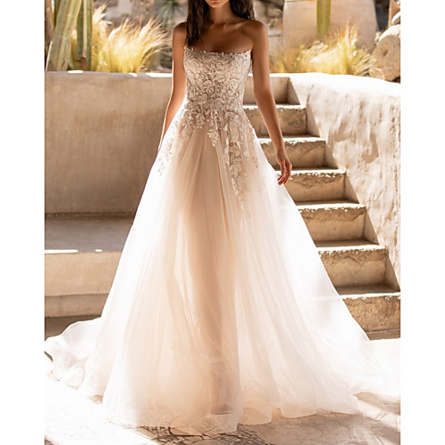 

A-Line Wedding Dresses Sweetheart Neckline Sweep / Brush Train Tulle Sleeveless Formal See-Through with Appliques 2021