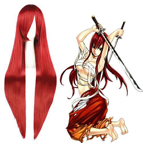 

Cosplay Wig Erza Scarlet B Fairy Tail Straight Cosplay Asymmetrical With Bangs Wig Very Long Red Synthetic Hair 40 inch Women's Anime Cosplay Waterfall Red