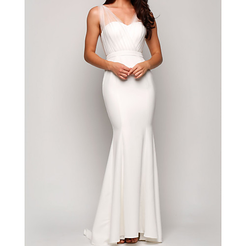 

Sheath / Column V Neck Floor Length Tulle Bridesmaid Dress with Pleats