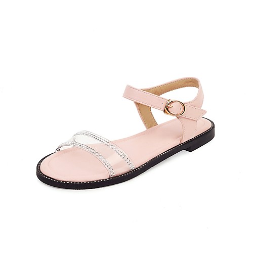 

Women's Sandals 2020 Summer Flat Heel Open Toe Preppy Minimalism Daily Sparkling Glitter / Buckle Color Block PU White / Pink / Blue