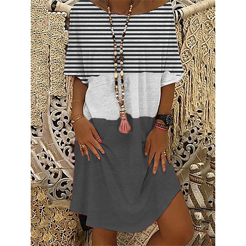

Women's A-Line Dress Knee Length Dress - Short Sleeves Color Block Stripes Summer Casual Boho Daily Vacation 2020 Gray M L XL XXL XXXL