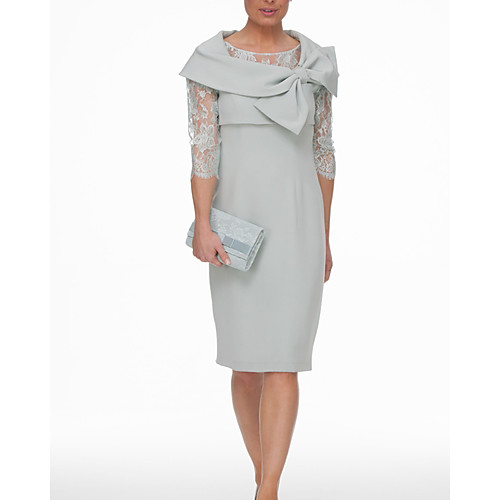 

Sheath / Column Mother of the Bride Dress Elegant Jewel Neck Knee Length Chiffon Lace 3/4 Length Sleeve with Bow(s) Embroidery 2021
