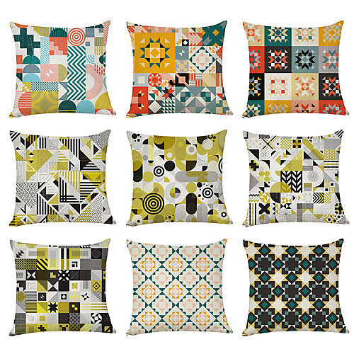 

9 pcs Linen Pillow Cover, Geometric Watercolor Linen Casual Modern Square Traditional Classic