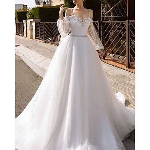 

A-Line Wedding Dresses Spaghetti Strap Sweep / Brush Train Lace Tulle Sequined Long Sleeve Formal Backless with Sashes / Ribbons Beading Appliques 2020