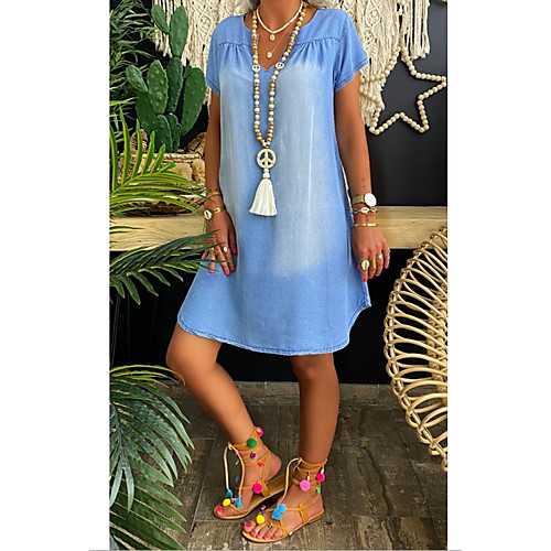 

Women's A-Line Dress Knee Length Dress - Short Sleeves Solid Color Summer Casual Chinoiserie 2020 Light Blue S M L XL XXL XXXL