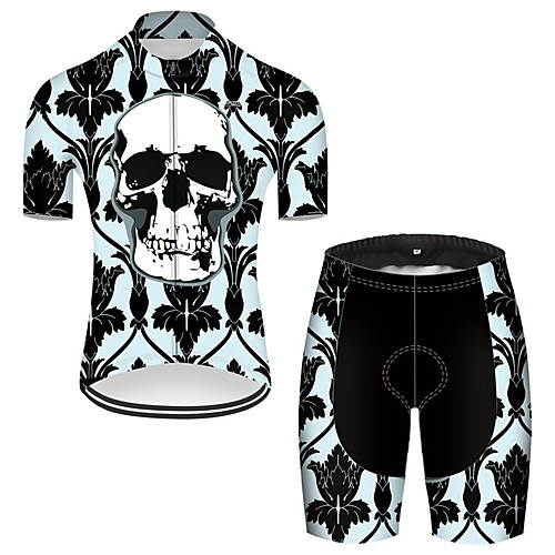 

21Grams Men's Short Sleeve Cycling Jersey with Shorts Nylon Polyester Black / Green Novelty Skull Floral Botanical Bike Clothing Suit Breathable 3D Pad Quick Dry Ultraviolet Resistant Reflective