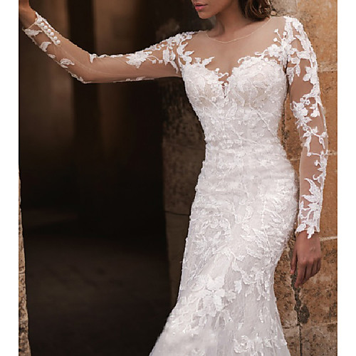 

Mermaid / Trumpet Wedding Dresses Jewel Neck Court Train Lace Tulle Long Sleeve Country Sexy Plus Size with Embroidery Appliques 2020