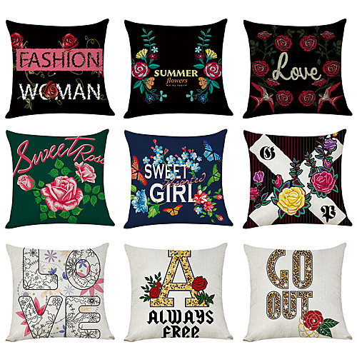 

9 pcs Linen Pillow Cover, English Alphabet Floral Modern Square Traditional Classic