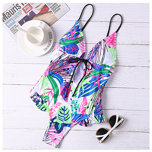 

Women's One Piece Swimsuit Print Floral White Black Swimwear Bathing Suits