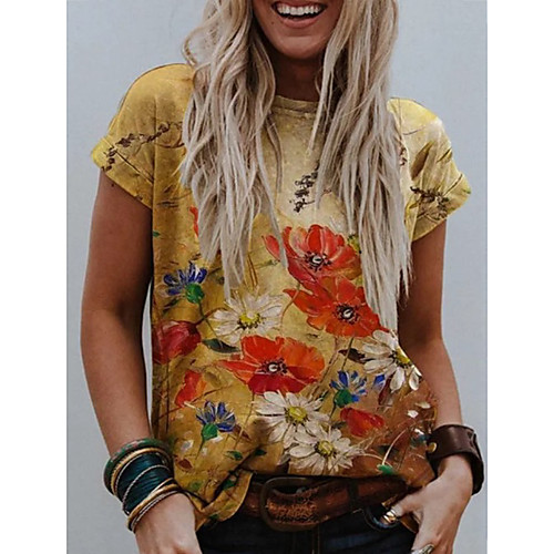 

Women's T shirt Graphic Round Neck Tops Cotton Basic Top Yellow