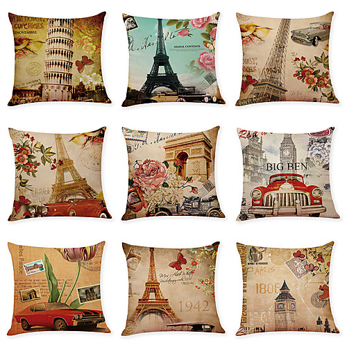 

9 pcs Linen Pillow Cover Retro Architectural Landscape Linen Pillow Cases Car Pillow Cushions Sofa Pillows Office Nap Pillows