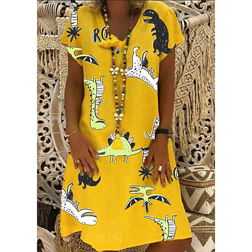 

Women's A-Line Dress Knee Length Dress - Short Sleeves Print Summer Casual Mumu 2020 Yellow Khaki S M L XL XXL XXXL