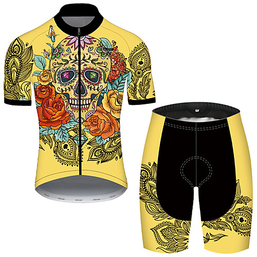 

21Grams Men's Short Sleeve Cycling Jersey with Shorts Black / Yellow Skull Bike Breathable Sports Patterned Mountain Bike MTB Road Bike Cycling Clothing Apparel / Stretchy