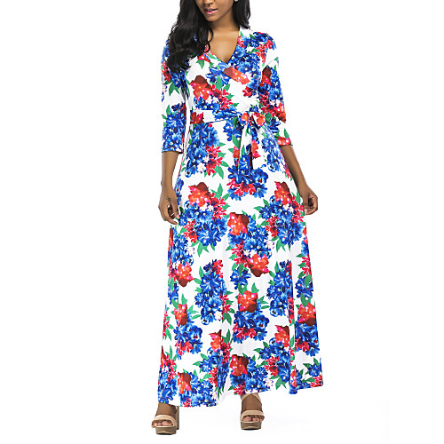 

Women's Sheath Dress Maxi long Dress - 3/4 Length Sleeve Floral Summer Sexy 2020 Blue S M L XL