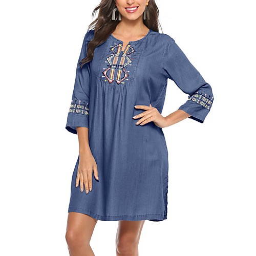 

Women's Shift Dress Knee Length Dress - Long Sleeve Floral Summer Casual 2020 Blue Navy Blue S M L XL XXL XXXL