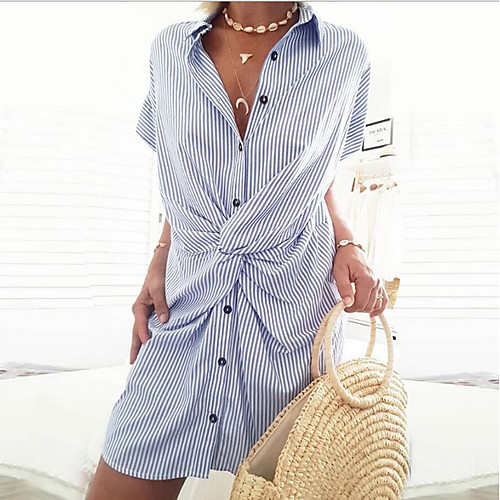 

Women's Shirt Dress Short Mini Dress - Short Sleeves Striped Summer Work Casual 2020 Black Red Orange Green Navy Blue Light Blue S M L XL