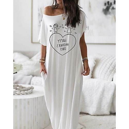 

Women's Shift Dress Maxi long Dress - Short Sleeves Letter Summer Work 2020 White Blushing Pink Navy Blue Light Blue S M L XL