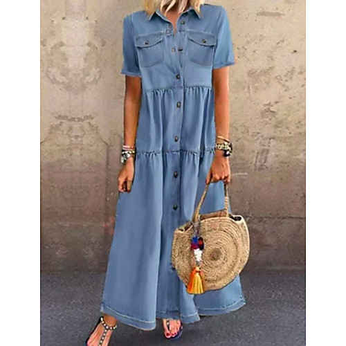 

Women's Denim Shirt Dress Maxi long Dress - Short Sleeves Summer Casual Vacation Denim 2020 Light Blue S M L XL XXL XXXL
