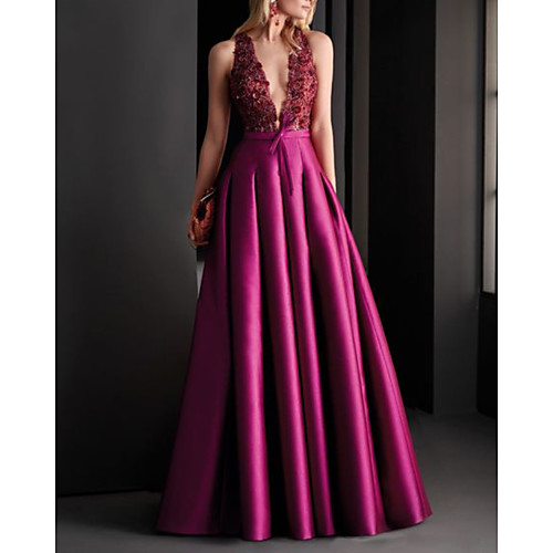 

A-Line Elegant Floral Engagement Formal Evening Dress V Neck Sleeveless Floor Length Satin with Pleats Appliques 2020
