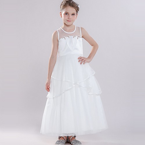 

Ball Gown Round Floor Length Tulle Junior Bridesmaid Dress with Bow(s) / Tier