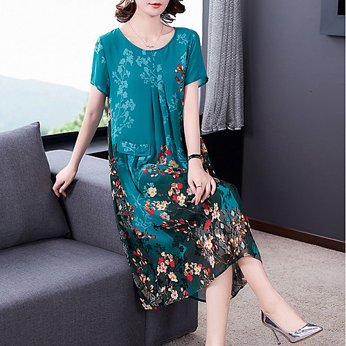 

Women's A-Line Dress Midi Dress - Short Sleeves Floral Summer Casual Chinoiserie 2020 Blue Red L XL XXL XXXL XXXXL XXXXXL
