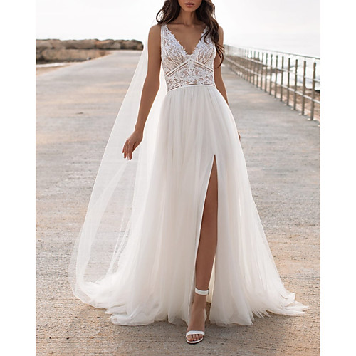 

A-Line Wedding Dresses V Neck Sweep / Brush Train Lace Satin Tulle Sleeveless Beach Sexy with Appliques 2020