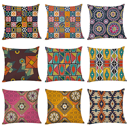 

9 pcs Linen Pillow Cover, Morocco Style Geometric Casual Modern Square Traditional Classic