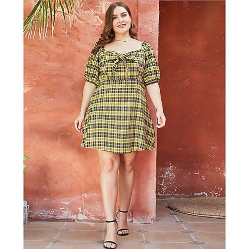 

Women's Plus Size A-Line Dress Knee Length Dress - Short Sleeves Color Block Summer V Neck Casual 2020 Yellow L XL XXL XXXL XXXXL