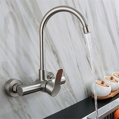 

304 Stainless Steel Kitchen Faucet Wall-mounted / Centerset with Hot and Cold Water Single Handle Two Holes Wall Installation Rotatable kitchen faucet