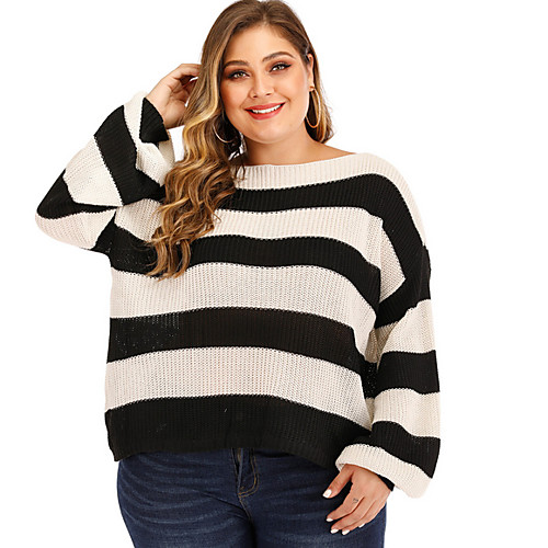 

Women's Striped Long Sleeve Pullover Sweater Jumper, Round Neck White L / XL / XXL