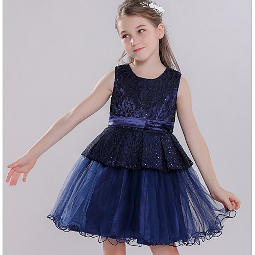 

Ball Gown Round Knee Length Lace / Tulle Junior Bridesmaid Dress with Bow(s) / Tier