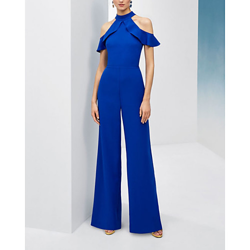 

Jumpsuits Beautiful Back Elegant Wedding Guest Formal Evening Dress Halter Neck Short Sleeve Floor Length Chiffon with Sleek Ruffles 2021