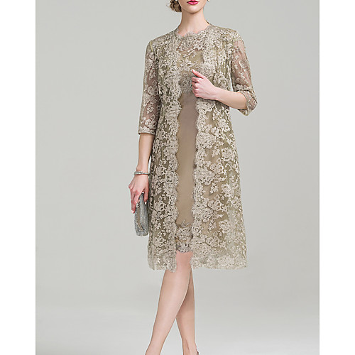 

Two Piece Sheath / Column Mother of the Bride Dress Elegant Jewel Neck Knee Length Lace Satin 3/4 Length Sleeve with Embroidery 2020