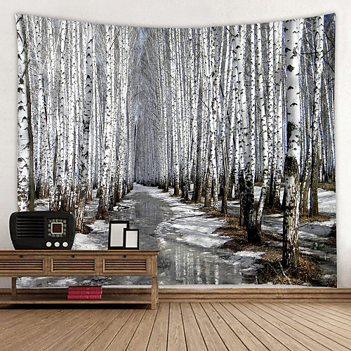 

White Birch Forest Trail Printed Tapestry Decor Wall Art Tablecloths Bedspread Picnic Blanket Beach Throw Tapestries Colorful Bedroom Hall Dorm Living Room Hanging