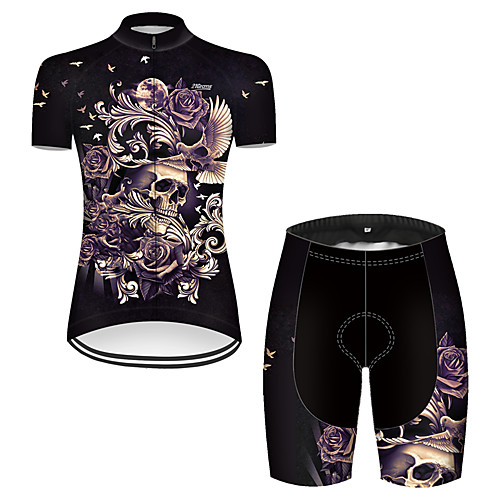 

21Grams Women's Short Sleeve Cycling Jersey with Shorts Nylon Polyester Black / Yellow Novelty Skull Floral Botanical Bike Clothing Suit Breathable 3D Pad Quick Dry Ultraviolet Resistant Reflective