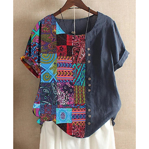 

Women's Blouse Shirt Geometric Round Neck Tops Basic Top Blue