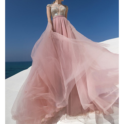 

A-Line Wedding Dresses Jewel Neck Sweep / Brush Train Chiffon Lace Tulle Short Sleeve Beach Sexy Wedding Dress in Color See-Through with Beading 2020
