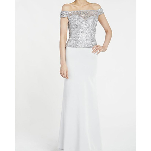 

Sheath / Column Mother of the Bride Dress Elegant Off Shoulder Floor Length Satin Sequined Short Sleeve with Sequin 2020