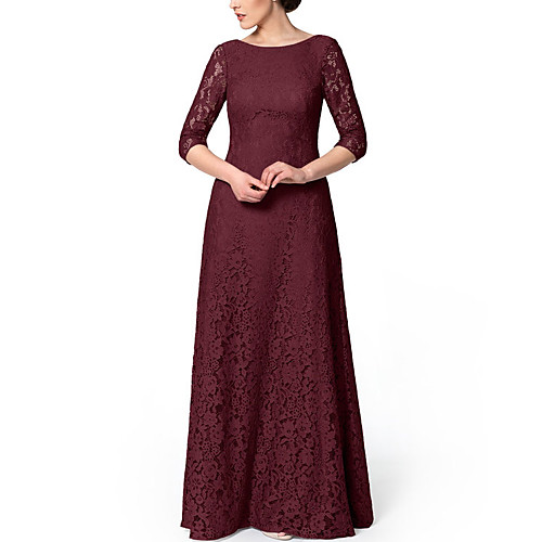 

Sheath / Column Mother of the Bride Dress Elegant Jewel Neck Floor Length Lace 3/4 Length Sleeve with Embroidery 2021