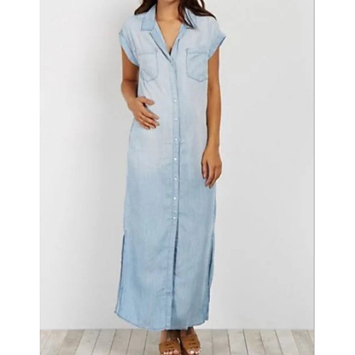 

Women's Shift Dress Maxi long Dress - Short Sleeves Solid Color Summer Casual 2020 Light Blue S M L XL XXL XXXL