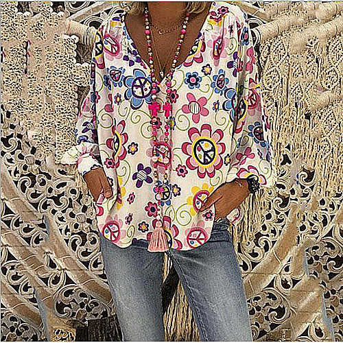 

Women's Plus Size Floral Print Loose Blouse Casual Boho Daily V Neck White