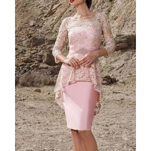 

Sheath / Column Mother of the Bride Dress Elegant Jewel Neck Knee Length Lace Stretch Satin 3/4 Length Sleeve with Embroidery 2020