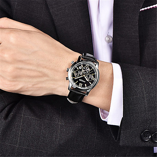 

Men's Mechanical Watch Quartz Stainless Steel Genuine Leather 30 m Water Resistant / Waterproof Day Date Analog Fashion Cool - Black / Silver BlackGloden Black One Year Battery Life