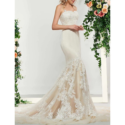 

Mermaid / Trumpet Wedding Dresses Spaghetti Strap Sweep / Brush Train Lace Satin Tulle Sleeveless Romantic with Embroidery Appliques 2020