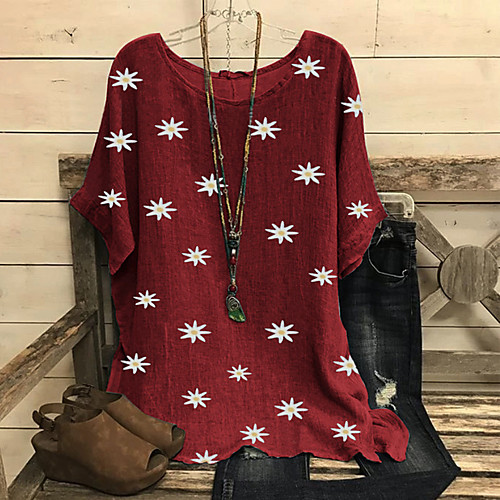 

Women's Blouse Plus Size Floral Daisy Tops Round Neck Loose Daily Summer Red Green Gray M L XL 2XL