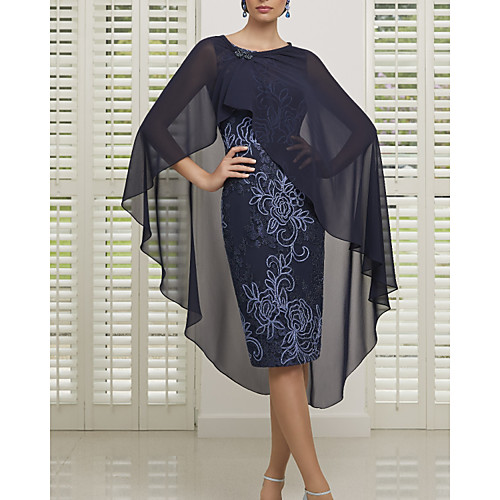 

Sheath / Column Mother of the Bride Dress Elegant Jewel Neck Knee Length Lace Satin Sleeveless with Appliques 2020
