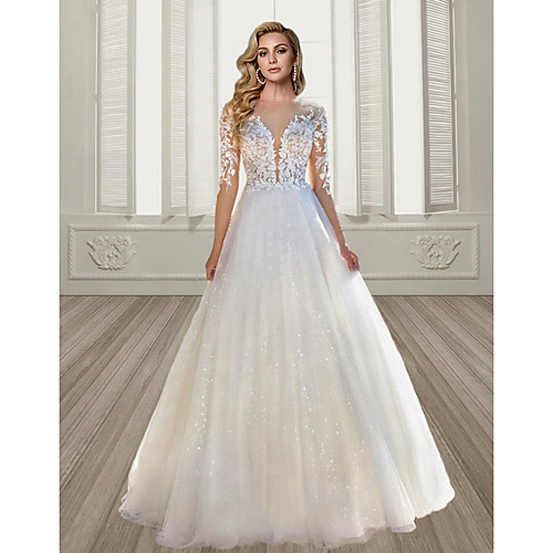 

Ball Gown A-Line Wedding Dresses Jewel Neck Sweep / Brush Train Lace Tulle Sequined Long Sleeve Formal Sexy See-Through with Embroidery 2020