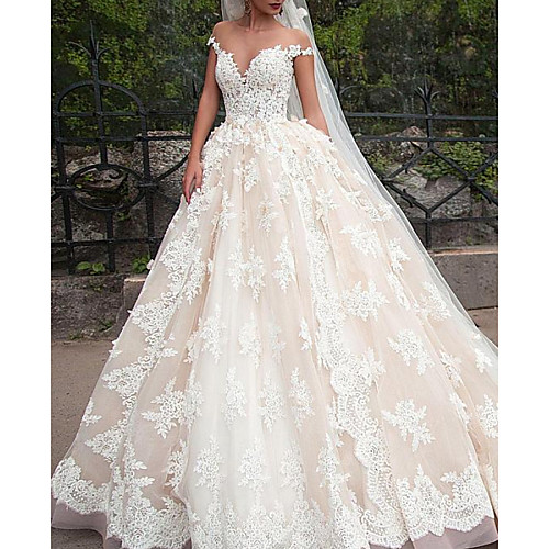 

Ball Gown A-Line Wedding Dresses Jewel Neck Sweep / Brush Train Lace Tulle Short Sleeve Formal with Embroidery Appliques 2020
