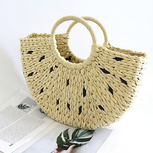 

Women's Straw Top Handle Bag Solid Color Beige