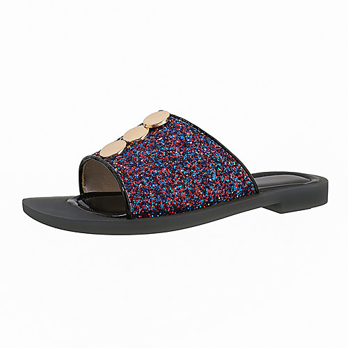 

Women's Slippers & Flip-Flops 2020 Summer Flat Heel Open Toe Minimalism Boho Daily Beach Sequin Color Block PU White / Black